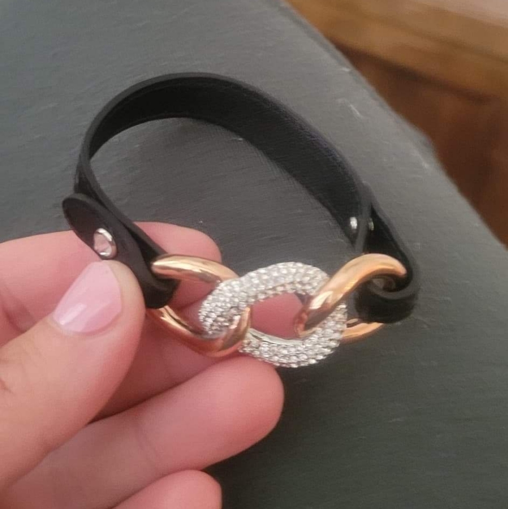 Black leather bracelet with crystals